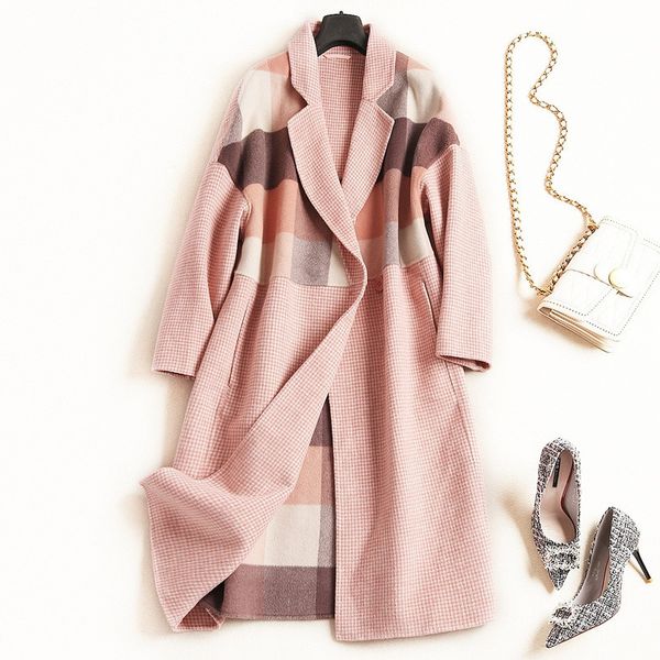 

2018 new fashion women's woolen jacket winter women's lapel long-sleeved plaid outerwear coat, Black