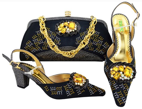 

High quality black women kitten heel african shoes match handbag set with big crystal and rhinestones for dress MM1057,heel 6CM