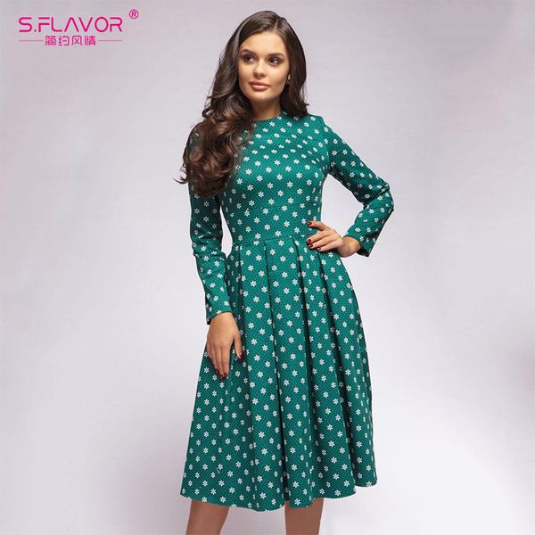 

s.flavor winter warm printing women casual a-line dress o-neck long sleeve slim vintage vestidos female elegant dress, White;black