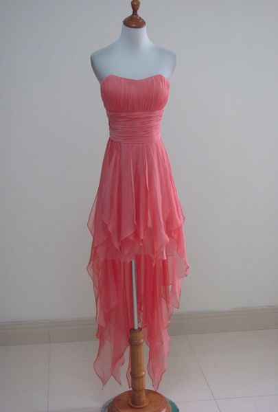 

без бретелек шифон высокий низкий платья невесты розовый платья партии с оборками новые платья выпускного вечера на заказ, White;pink