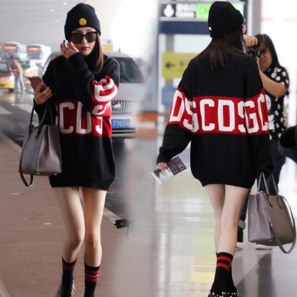

new design women's autumn star same style plus velvet warm thickening letter print medium long sweatshirt pullovers hoodies, Black