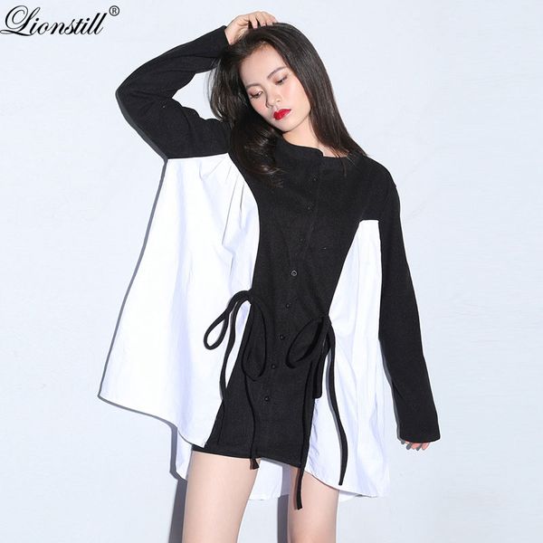 

lionstill women spring fashion shirt england style irregular spliced long sleeeve blouse loose o-neck bandage buon top, White