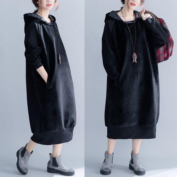 

winter women loose solid color hoodies sweatshirts hooded casual plaid female thick mid-calf hoodies sweatshirts fashion, Black