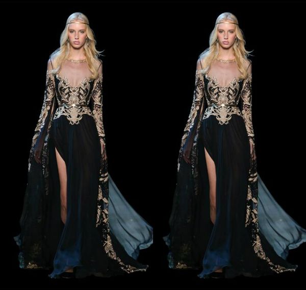 

front split with sashes dresses elie saab art deco inspired neck lace appliques prom gowns black formal long sleeve dress evening, Black;red