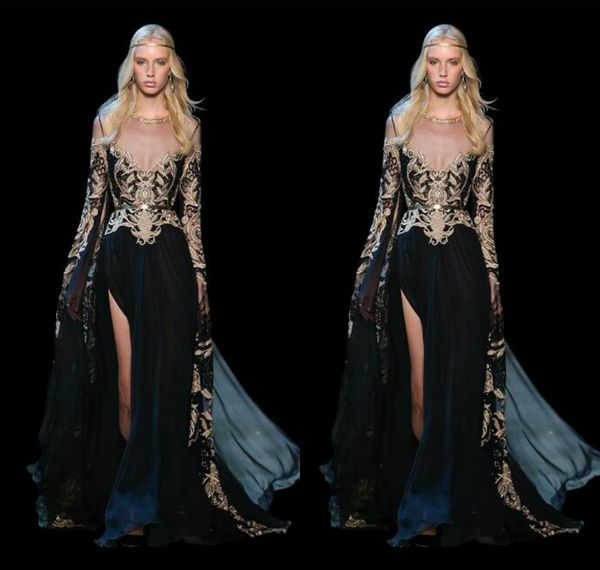 Dividir Dianteira Com Cintos Vestidos Elie Saab Art Deco Inspirado Pescoço Lace Apliques de Baile Vestidos Formais Preto Longo Vestido de Manga Noite