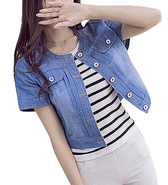 

womens summer round neck short sleeve denim jacket coat, Black;white