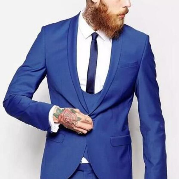 

royal blue slim fit business men suits for groom tuxedos 2018 shawl lapel wedding blazer male suit jacket pants vest, Black;gray