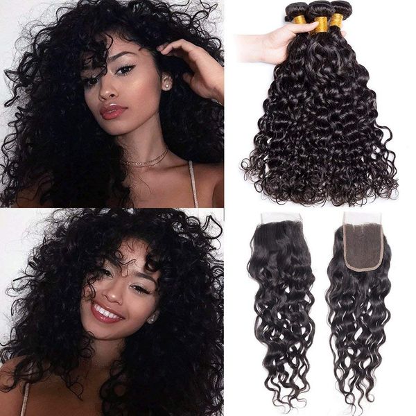 Brazilian Water Wave 3 Bundles With Lace Closure Front 4x4 Sew In