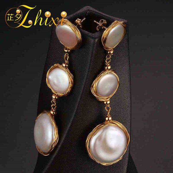 

zhixi] long pearl earrings fine jewelry big natural baroque pearl drop earrings for women 2018 fashion gift for party xe206, Golden;silver
