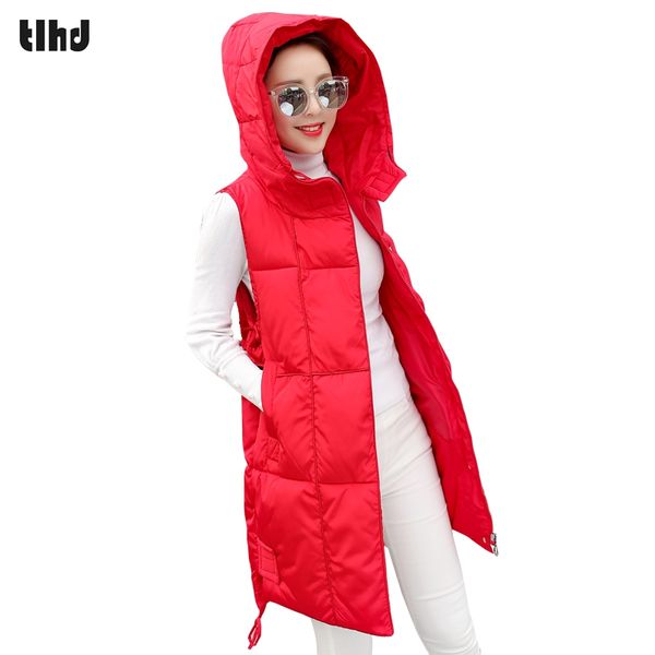 

tlhd women winter vest waistcoat womens long vest sleeveless jacket hooded down cotton warm female causal coat, Black;white