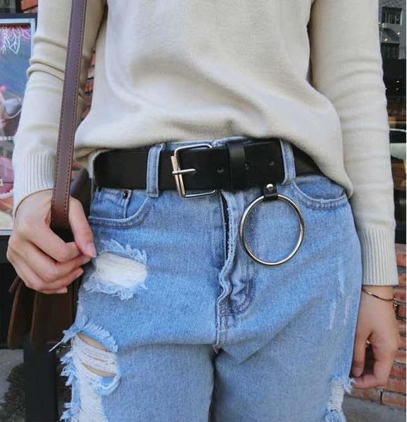 

new design women waist belt lovely women's big ring decorated belts female fashion gold pin buckle solid pu leather strap, Black;brown