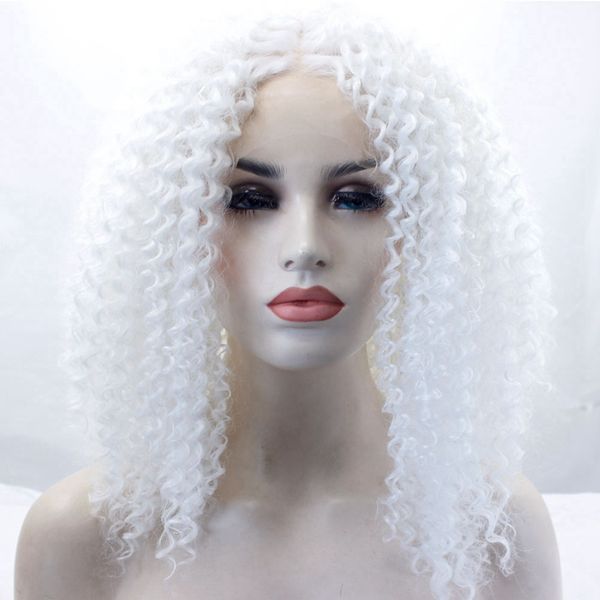 Short White Hair Color Afro Kinky Curly Glueless Hair Synthetic