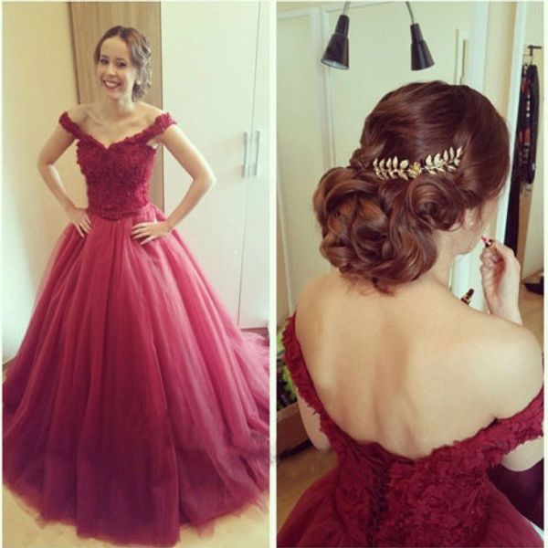 

бургундия платье выпускного вечера с плеча с плеча ручной работы аппликации кружева тюль темно-красный девушки платья партии нестандартного, Black