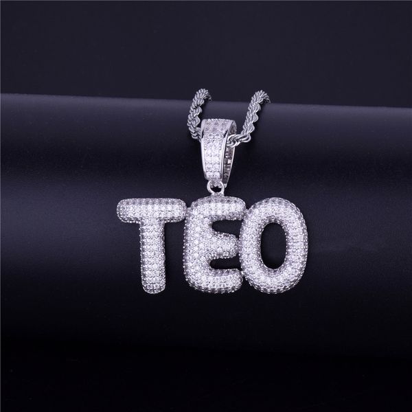 

a-z custom name small bubble letters pendant charm men's necklace cz stone rock street hip hop jewelry rope chain, Silver
