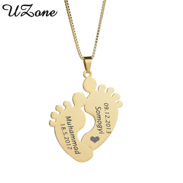 

uzone customized baby feet necklace stainless steel engraved name date necklace for mom child jewelry, Silver