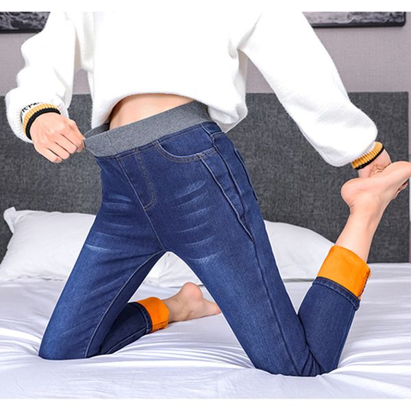 

wkoud твердые джинсы для женщин высокой талией стрейч теплый жан 2018 джинсовые брюки зимние утолщаются карандаш брюки джинсы mujer p8633, Blue