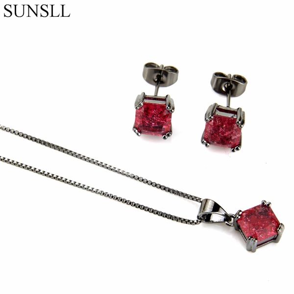 

sunsll black color copper multicolor crack cubic zirconia stud earrings and pendant necklaces jewelry sets women's fashion sets, Silver