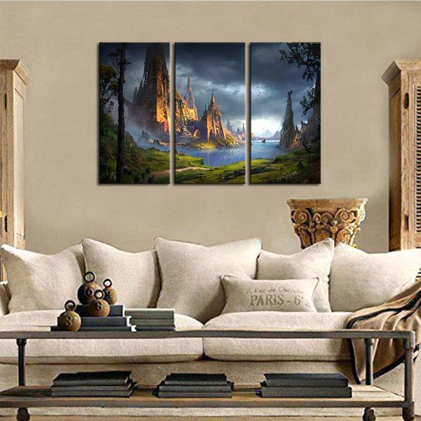 

3 panels sell posters modern wall painting castle river ship home wedding decorative modular picture print on canvas framed