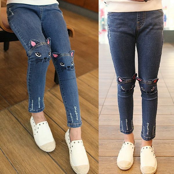 Acheter Vente Chaude Filles Sring Automne Chat Dessin Animé Motif Enfants Jeans Pantalon De Mode Mignon Haute Qualité Enfants Casual Trou Cassé Jeans