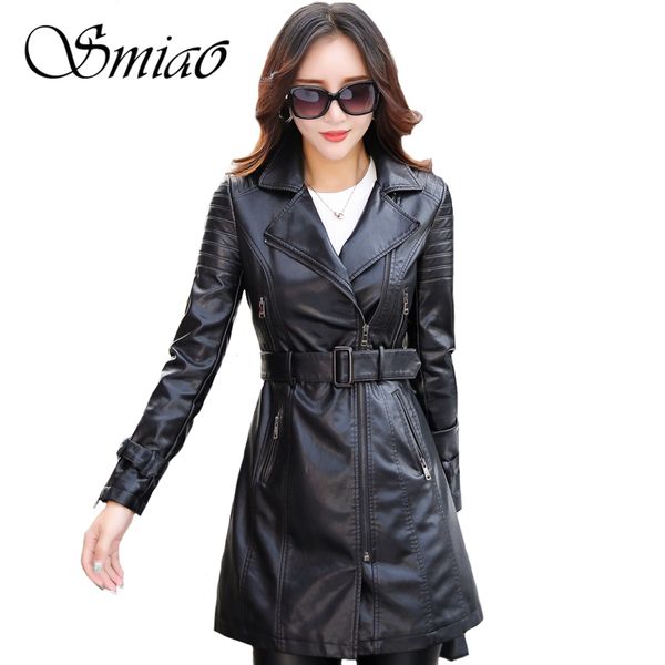 

smiao 2017 zipper leather jacket women long slim patchwork faux pu leather outerwear plus size turn-down collar female coat 5xl, Black