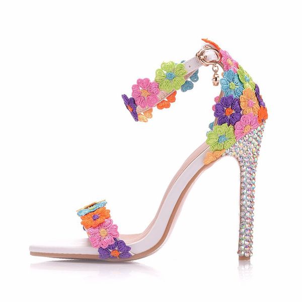 

new summer ab crystal open toe shoes for women super high heels fashion multi flowers stiletto heel wedding shoes ankle strip bridal sandals, Black
