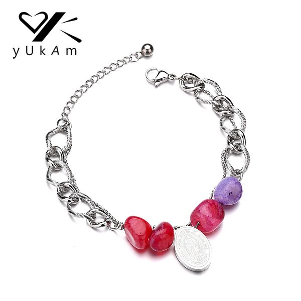

yukam religion jewelry stainless steel guadalupe charm virgin mary bracelet for women irregular natural stone bead bracelet gift, Golden;silver