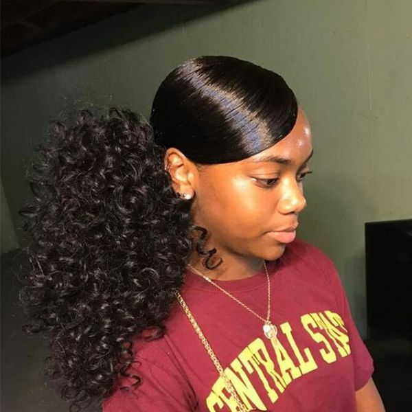 Chique cabelo humano hairpieces clip em curto afro kinky profundo encaracolado cabelo humano 120g drawstring rabo de cavalo extensão do cabelo para as mulheres negras