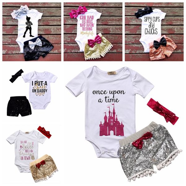 

3pcs baby girls set clothing letter printed short sleeve rompers outfits sequin headband shorts pants party princess bow knot, White