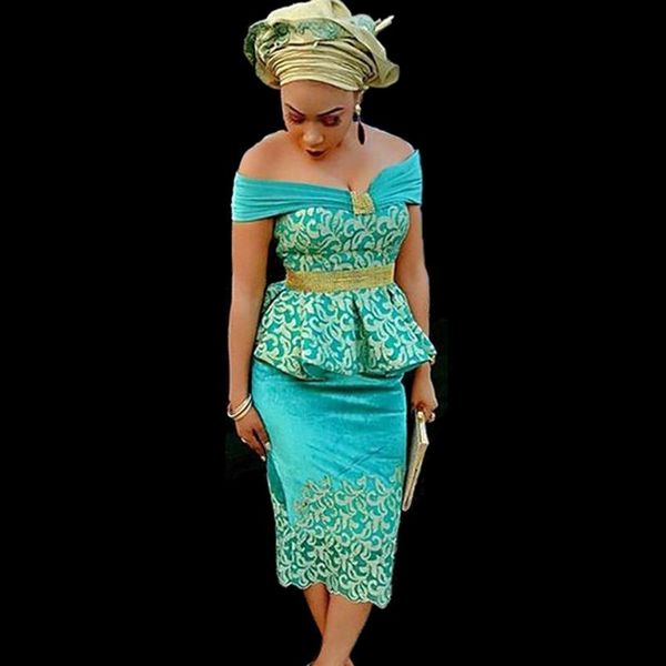 

2018 New Green Off Shoulder Gold Lace Satin African Nigerian Peplum Evening Dress Tea-Length Sheath Women Evening Formal Gowns Vestidos