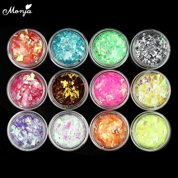

monja 12 pots nail art irregular fluorescent glitter sticker sequins laser broken glass paper paillette flakes decoration, Silver;gold