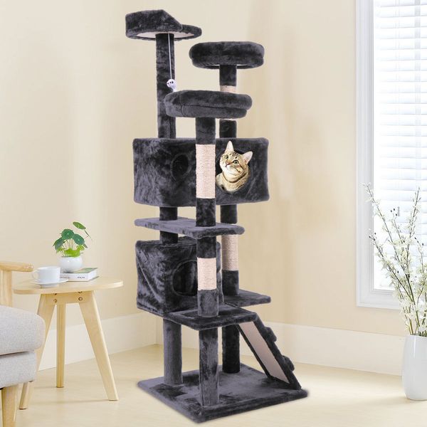

60" Кот Башня Дерево Кондо Мебель Когтеточке Кошечка Играть Дома Черный