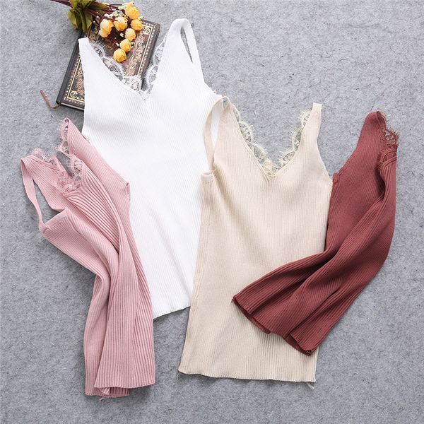 

women plain camisole lace splicing double v-neck vest slim sling tank f05, White