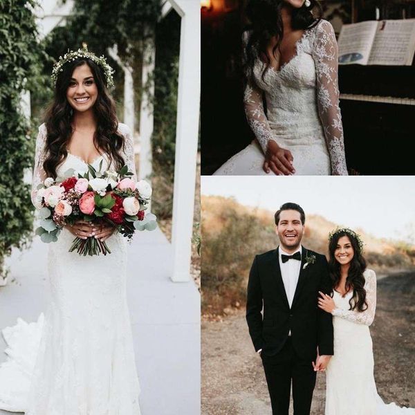 

new vintage romantic spring sweetheart backless long sleeves wedding dresses lace court train bridal gowns vestidos de noiva, White