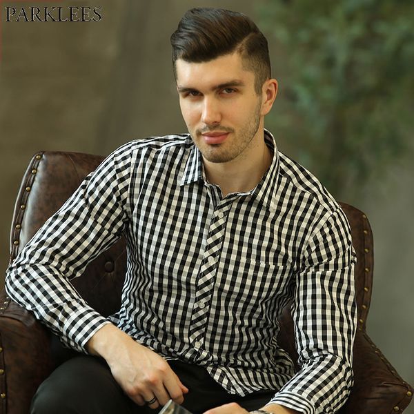 

men's 100% cotton plaid checked drees shirt with chest pocket classic slim fit long sleeve button down formal chemise homme 3xl, White;black