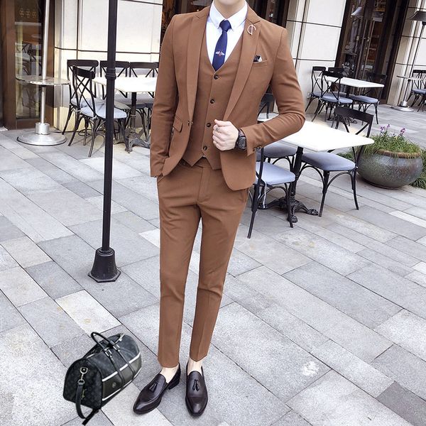 

3 pcs mens suits designers 2018 business tuxedos slim fit smoking homme mariage wine red brown trajes de hombre heren kostuums, White;black