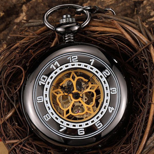 

vintage black steampunk mechanical pocket watch men hand wind flower dial arabic numbers necklace watch chain pendant mens gift, Slivery;golden