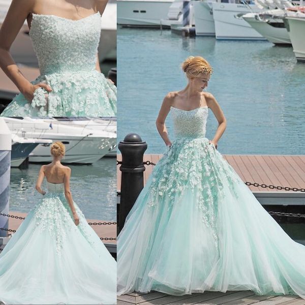 

mint green 2018 new designe a line prom dresses strapless handmade flowers beaded sweep train formal evening party gowns yousef aljasmi, Black;red