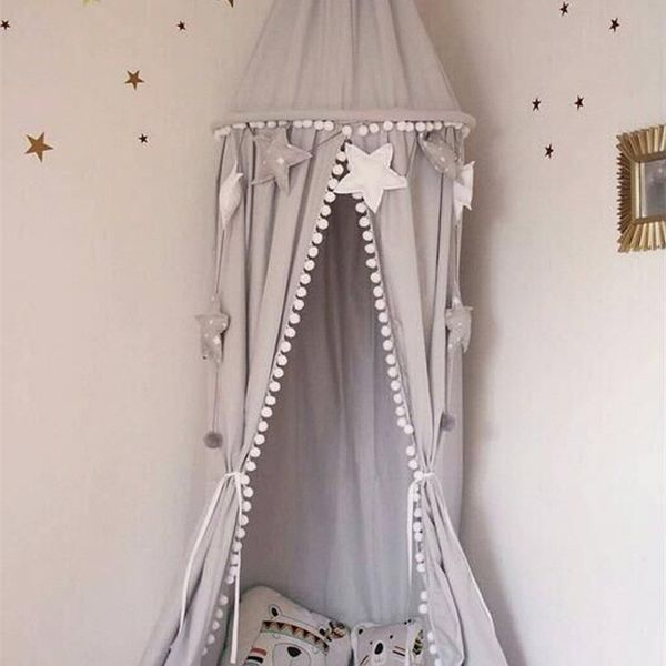 

baby Nordic Style Playroom Decor Canopy White Pink Grey Hanging Bed Canopy with Ball Tassel Photo Prop Princess Room