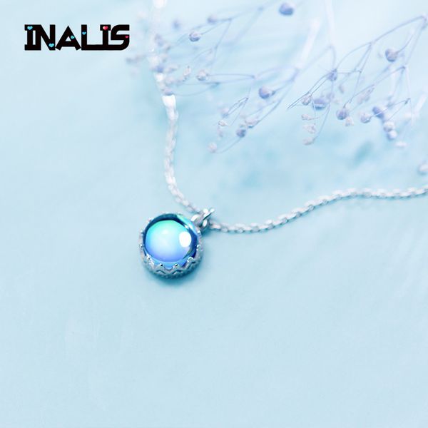 

inalis new fashionable unique s925 sterling silver round blue crystal pendant delicate fine jewelry girl birthday gift collar