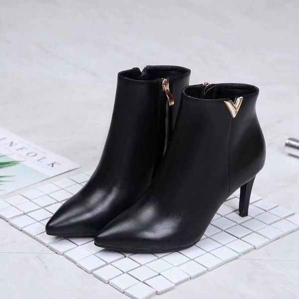 

orignal box] new arrival womens ankle suede leather pumps winter high heel 8cm shoes pointed toes boots size 35-39, Black