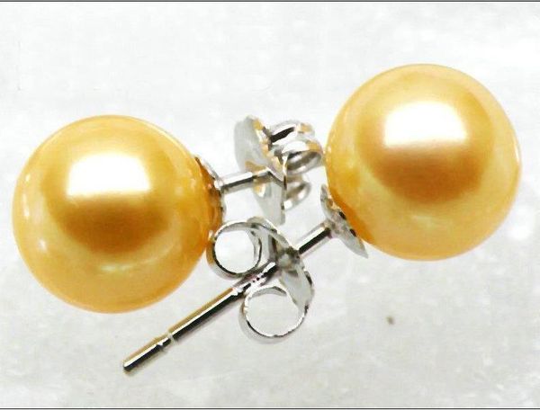 

a pair 9mm round golden yellow south sea sea pearls earring 14k solid white mat, Golden;silver