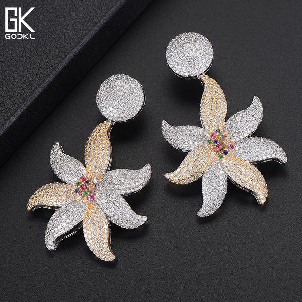 

godki 68mm luxury starfish nigerian tassels long dangle earrings for women wedding zircon crystal cz dubai bridal earrings 2018, Silver