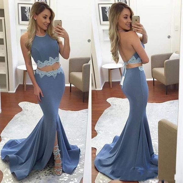 

sweep train high neck satin tie back open back ink blue two piece evening prom dresses robes de soiree tendance longue, Black;red
