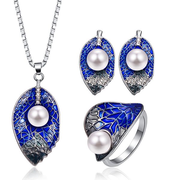 

enamel leaf silver jewelry sets for women wedding jewelry big crystal pearl pendant necklace earrings ring set