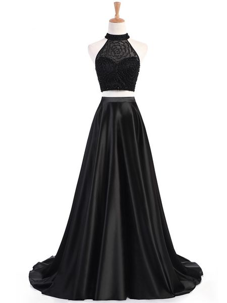 

real ps a-line jewel neckline prom dresses beaded two piece sleeveless evening dresses party gown sweep train for women 2020, Black