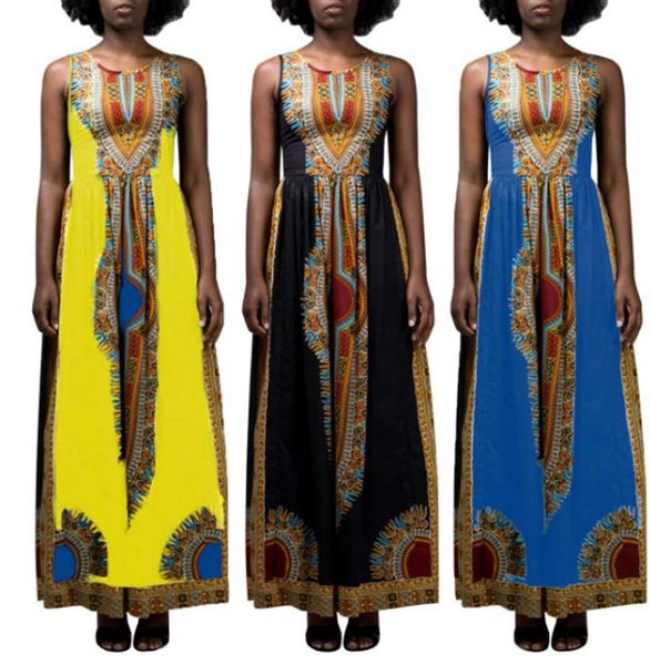 

S-3XL Plus Size Summer Casual Abaya African Dashiki Print Women Long Maxi Dress Sleevless Vest Dresses