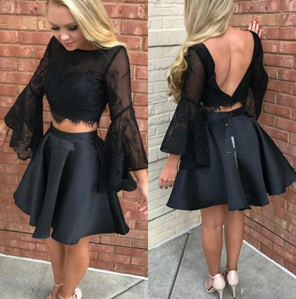 Sexy preto de duas peças Casa de casa vestidos longos sino mangas uma linha plissadas ruched lace short festa cocktail vestidos formal vestidos feitos sob encomenda