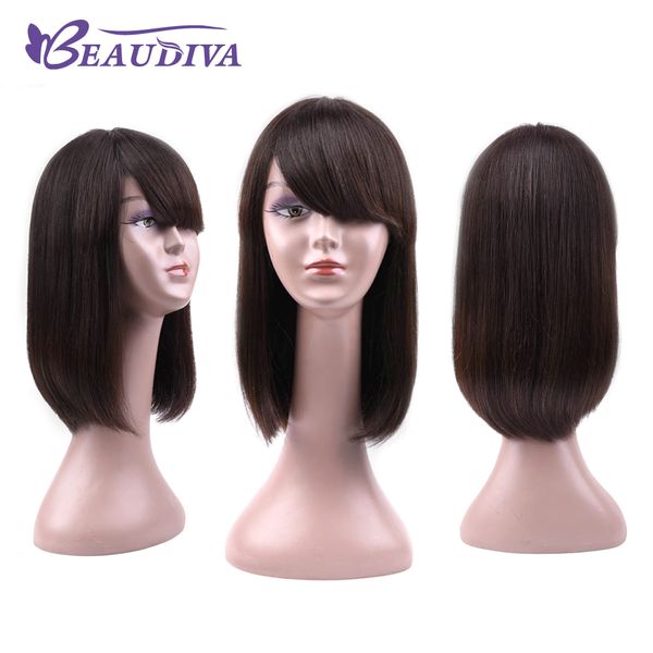 

beaudiva straight human hair wigs with bangs short wig silky straight brazilian virgin hair 150 density wig for women, Black;brown