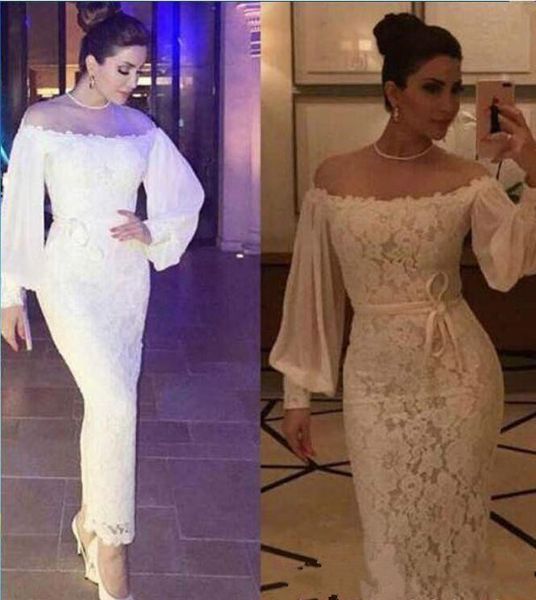 

2018 arabic sheer jewel neck lace prom dresses sheath long sleeves ankle length formal short party evening prom dresses custom made, Black