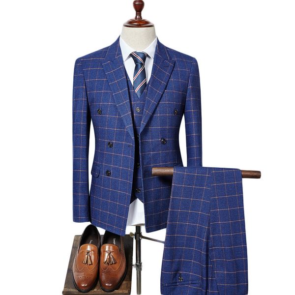 

double breasted suit men 2018 brand slim fit mens plaid suits british style 3 piece groom wedding suit navy blue, White;black